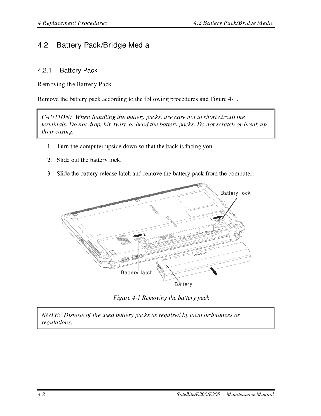 Toshiba E205 manual Replacement Procedures Battery Pack/Bridge Media, Removing the Battery Pack 