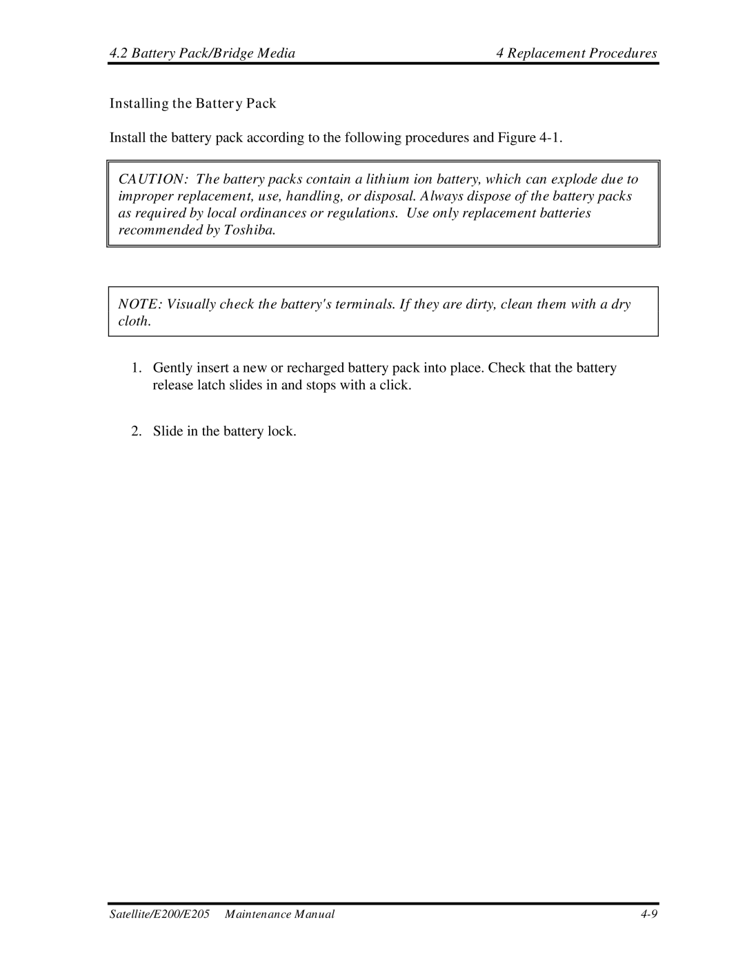 Toshiba E205 manual Battery Pack/Bridge Media Replacement Procedures, Installing the Battery Pack 