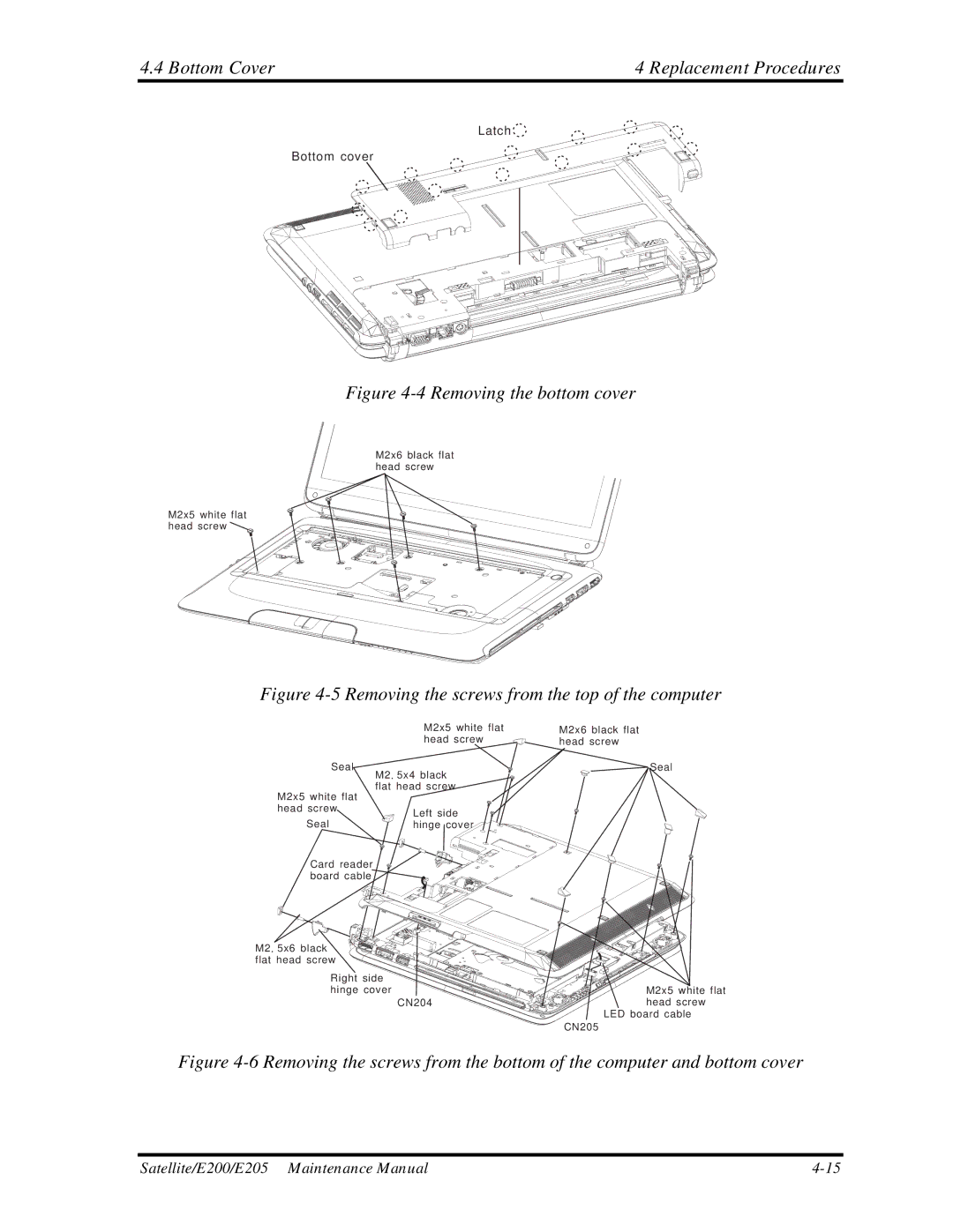 Toshiba E205 manual Bottom Cover Replacement Procedures, Latch Bottom cover 