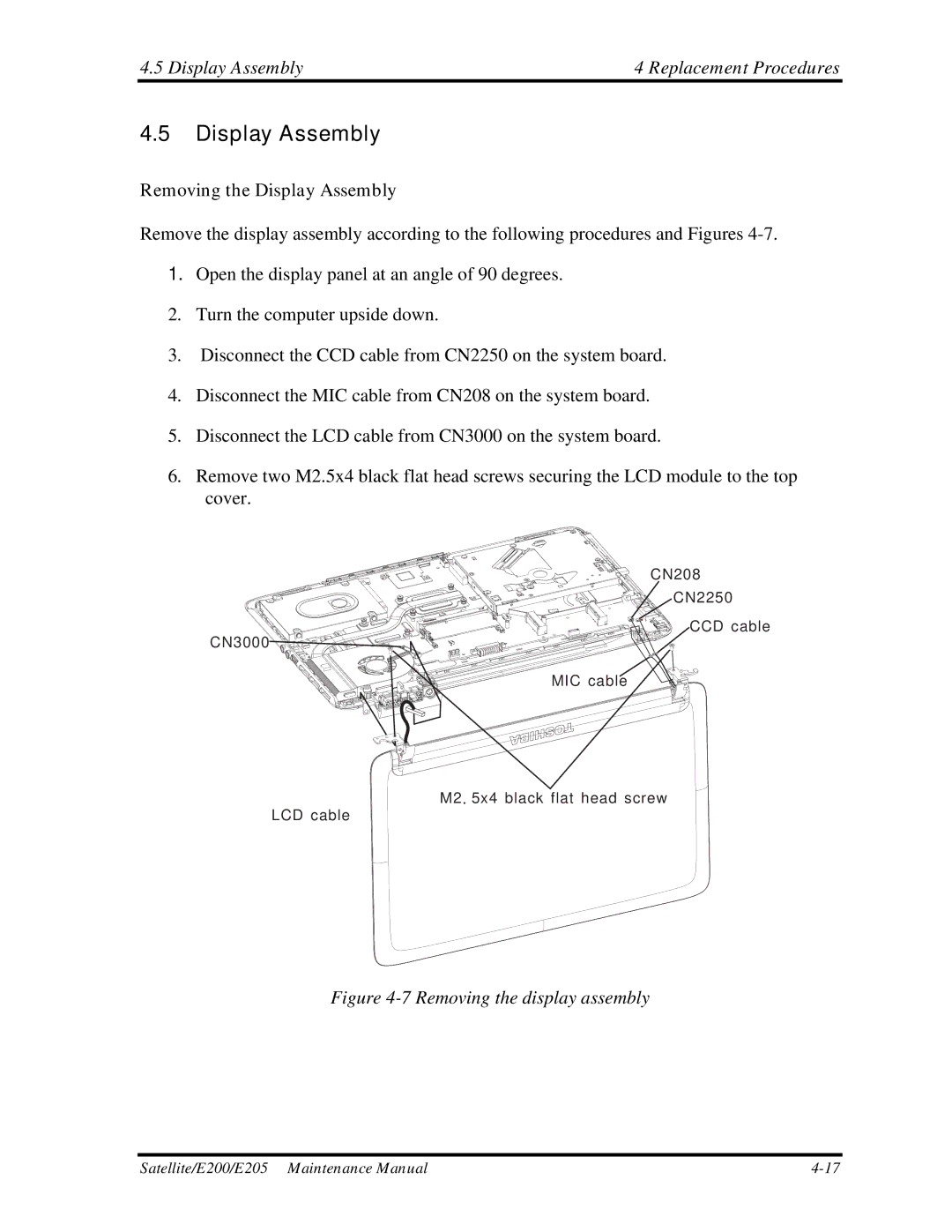 Toshiba E205 manual Display Assembly Replacement Procedures, Removing the Display Assembly 