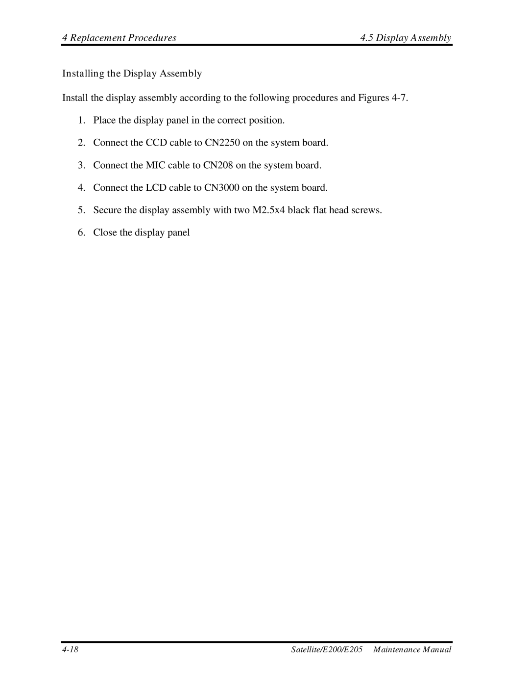 Toshiba E205 manual Replacement Procedures Display Assembly, Installing the Display Assembly 