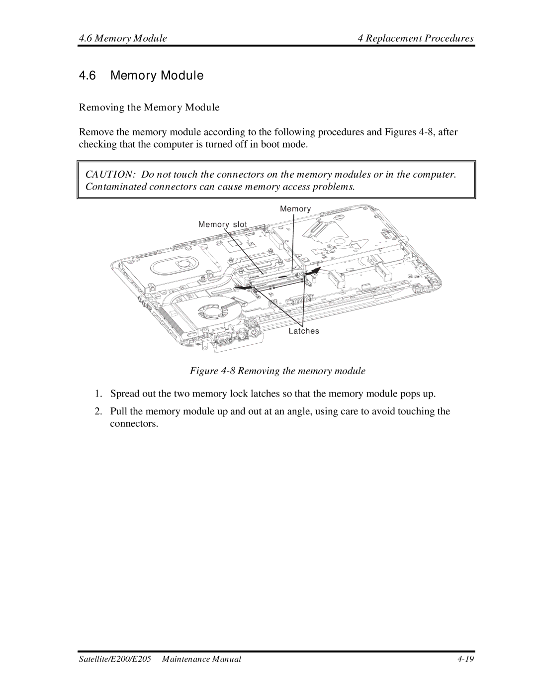 Toshiba E205 manual Memory Module Replacement Procedures, Removing the Memory Module 