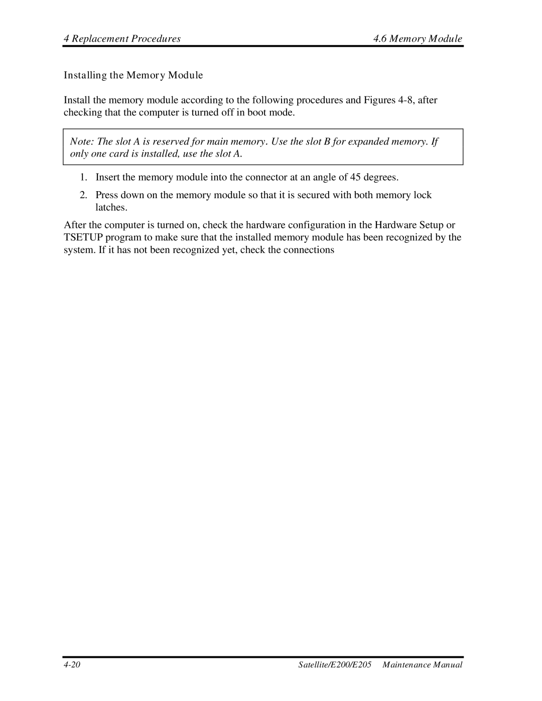 Toshiba E205 manual Replacement Procedures Memory Module, Installing the Memory Module 