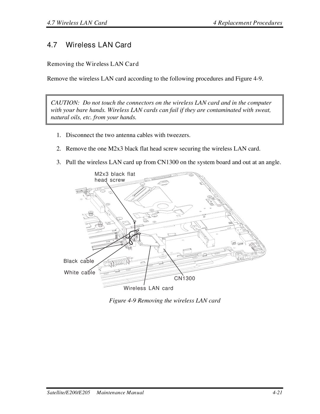 Toshiba E205 manual Wireless LAN Card Replacement Procedures, Removing the Wireless LAN Card 