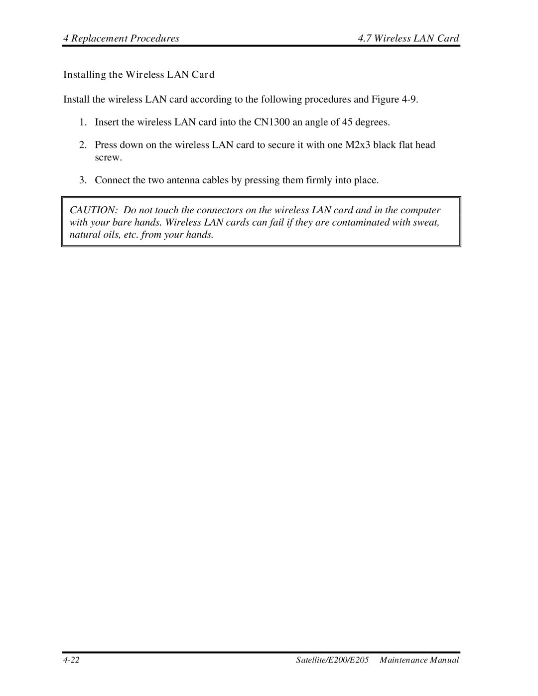 Toshiba E205 manual Replacement Procedures Wireless LAN Card, Installing the Wireless LAN Card 