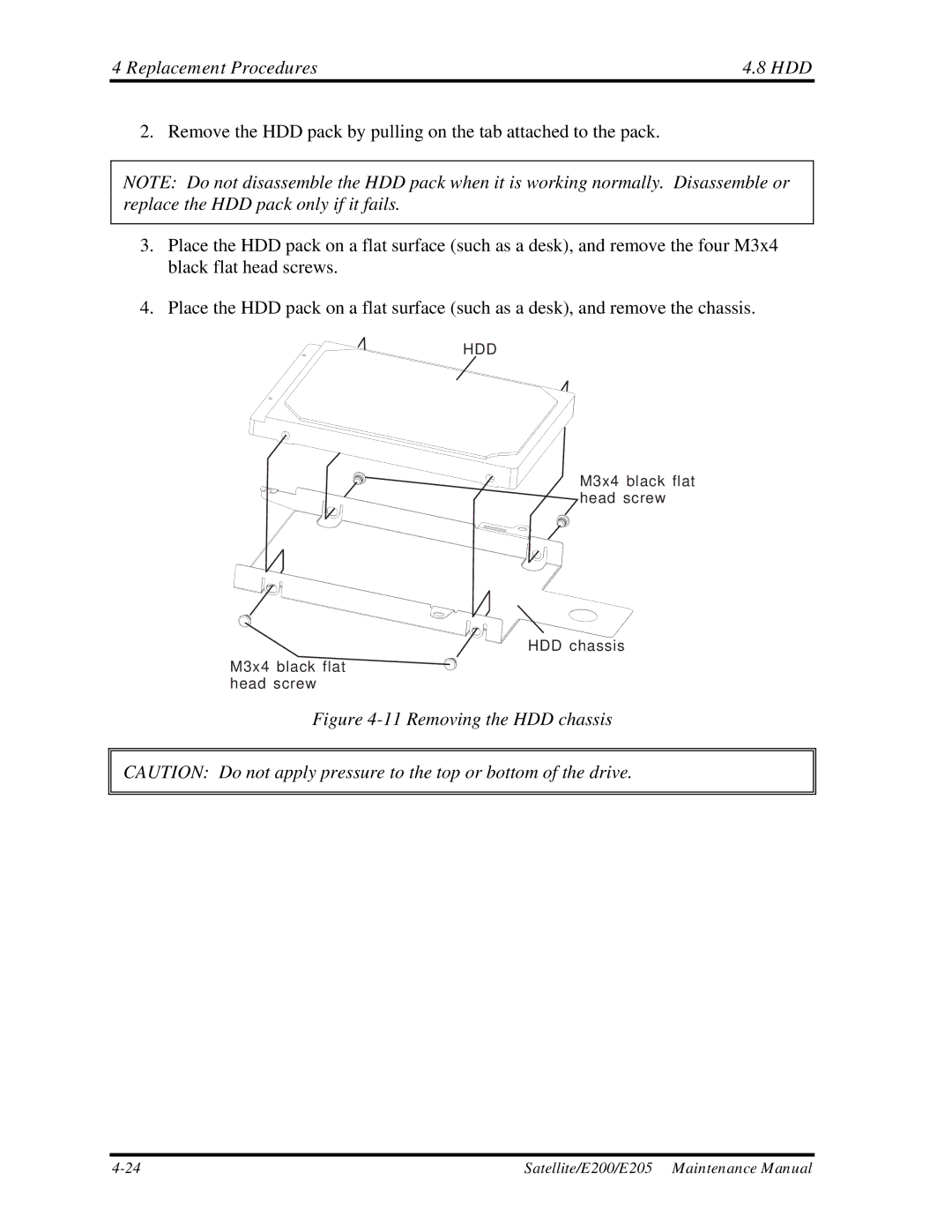 Toshiba E205 manual Replacement Procedures HDD, Removing the HDD chassis 