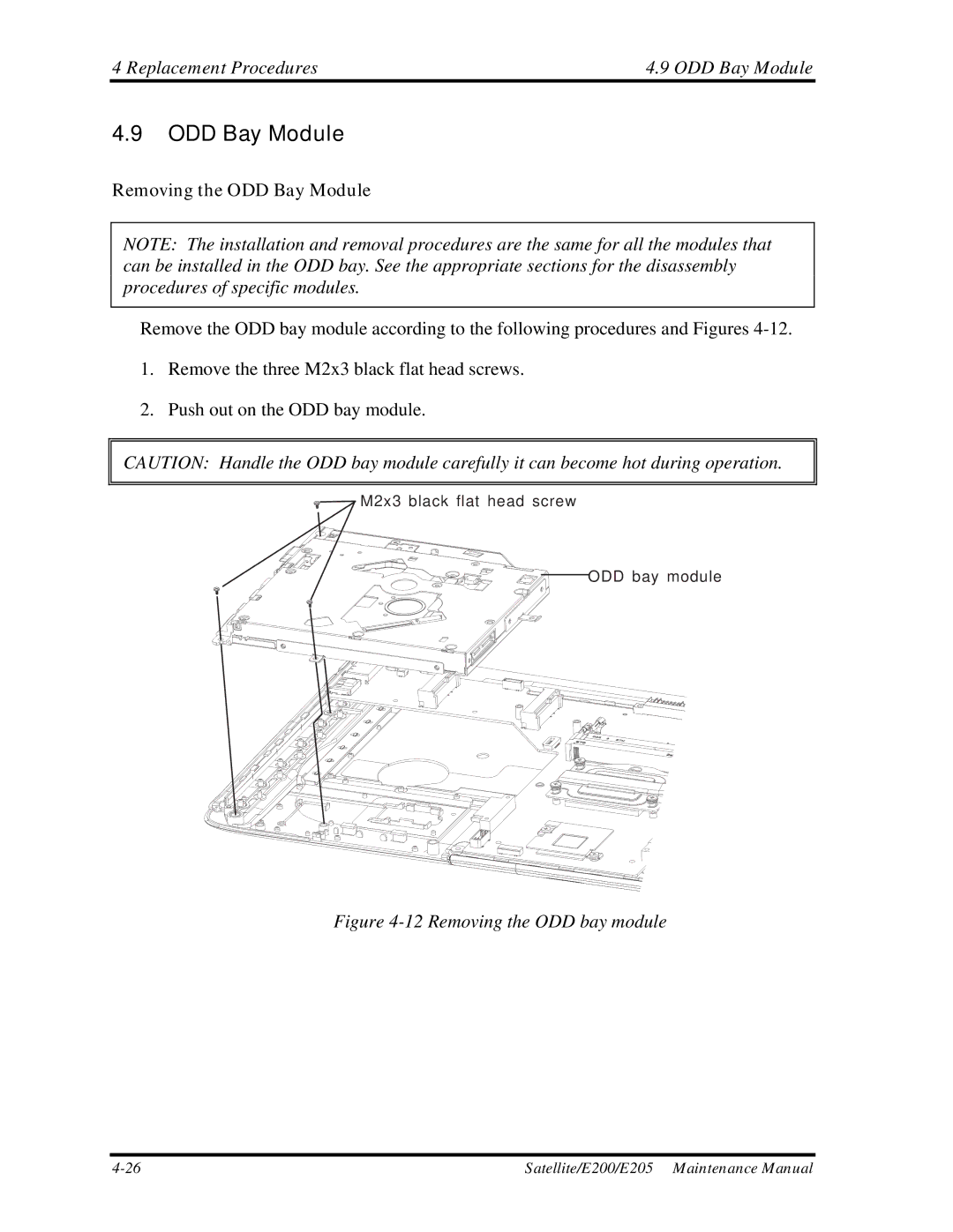 Toshiba E205 manual Replacement Procedures ODD Bay Module, Removing the ODD Bay Module 