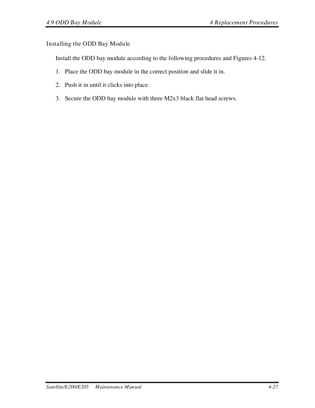 Toshiba E205 manual ODD Bay Module Replacement Procedures, Installing the ODD Bay Module 