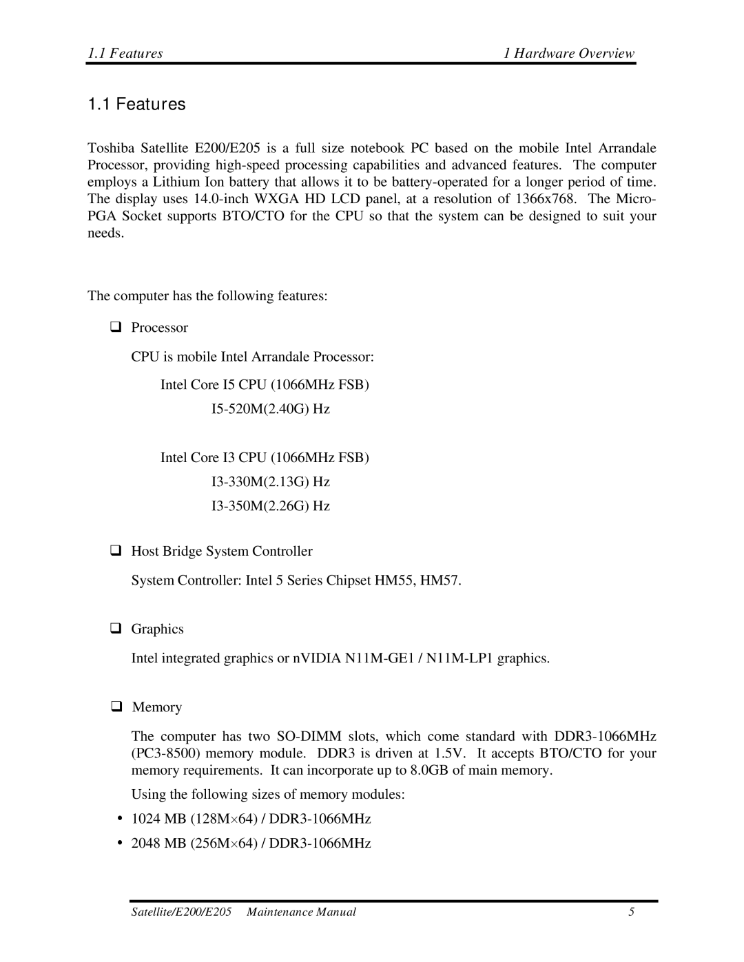 Toshiba E205 manual Features Hardware Overview 