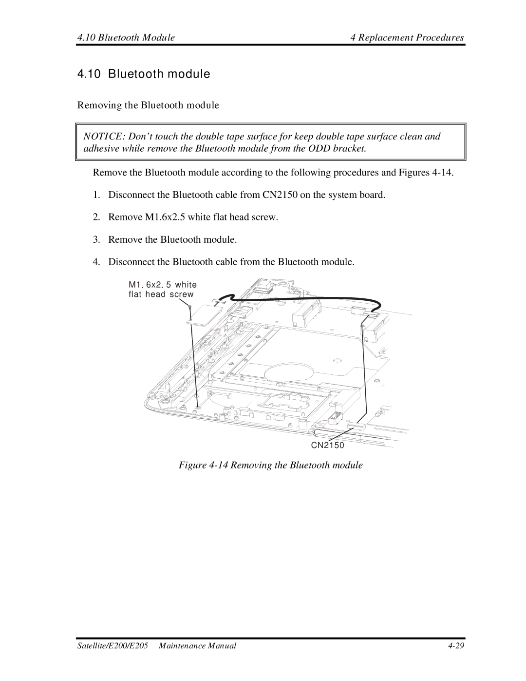 Toshiba E205 manual Bluetooth Module Replacement Procedures, Removing the Bluetooth module 