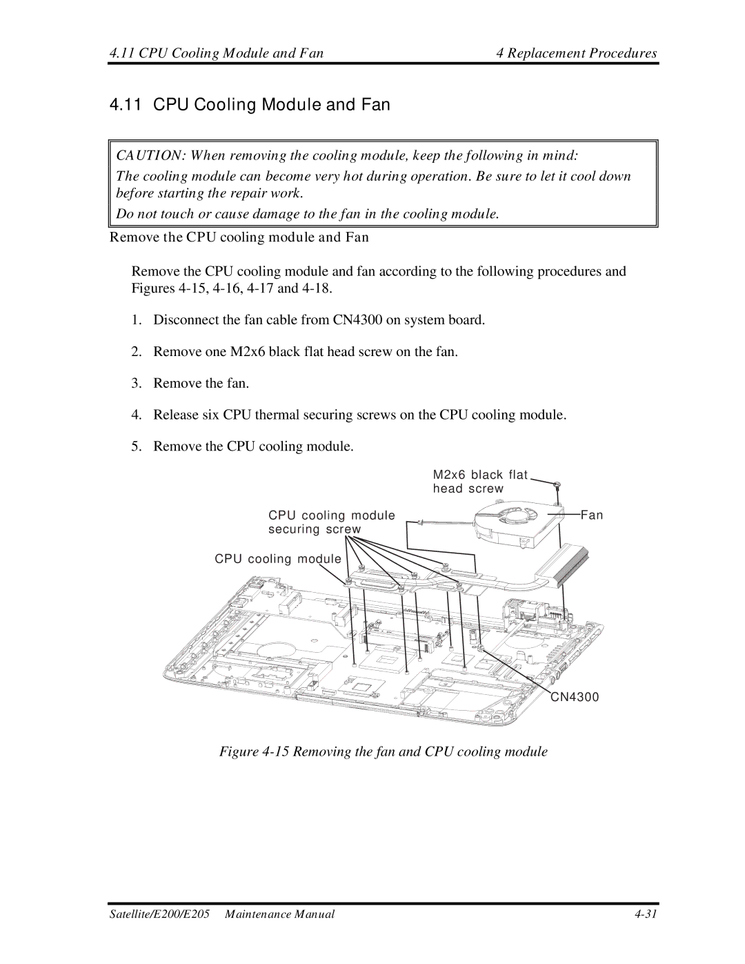 Toshiba E205 manual CPU Cooling Module and Fan Replacement Procedures, Remove the CPU cooling module and Fan 