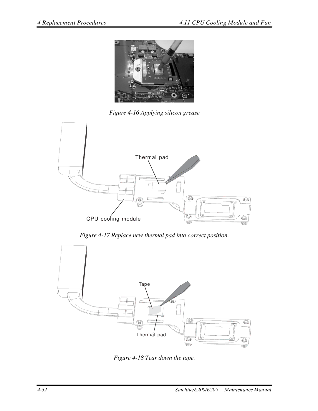 Toshiba E205 manual Replacement Procedures CPU Cooling Module and Fan, Applying silicon grease 