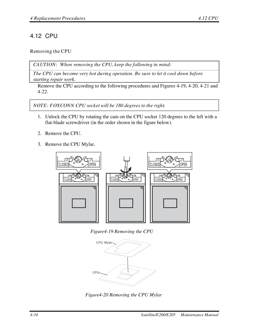 Toshiba E205 manual Replacement Procedures 12 CPU, Removing the CPU 