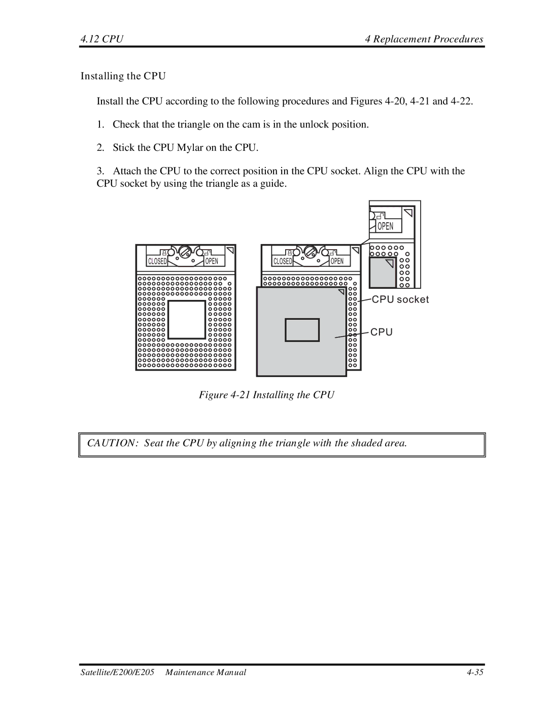 Toshiba E205 manual CPU Replacement Procedures, Installing the CPU 