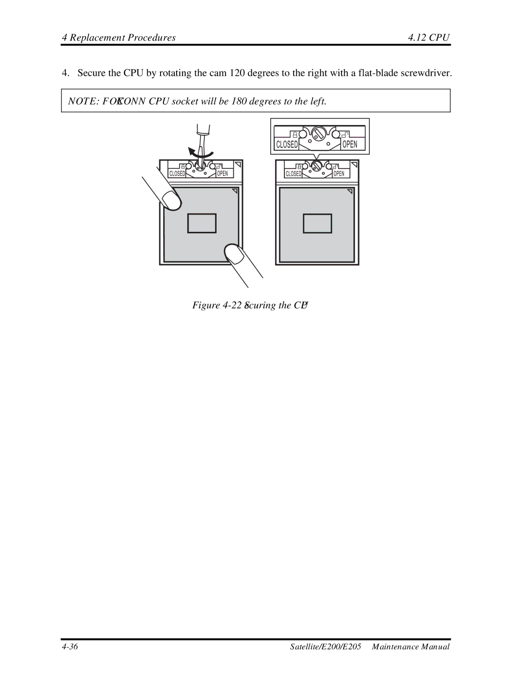 Toshiba E205 manual Securing the CPU 