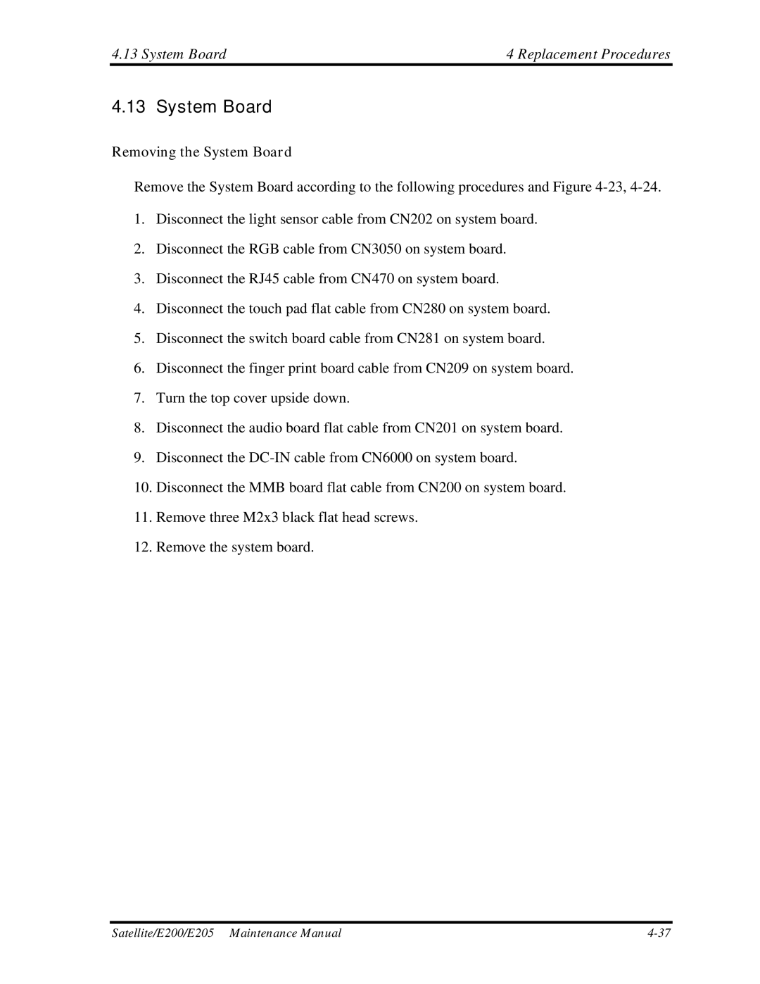 Toshiba E205 manual System Board Replacement Procedures, Removing the System Board 