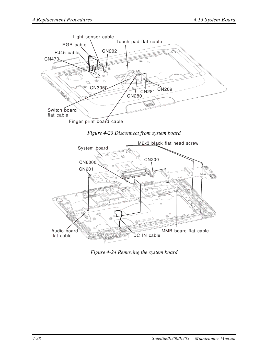 Toshiba E205 manual Replacement Procedures4.13 System Board, Disconnect from system board 