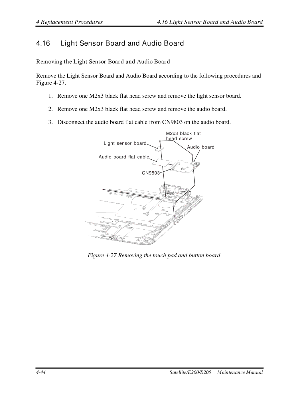 Toshiba E205 manual Replacement Procedures Light Sensor Board and Audio Board 