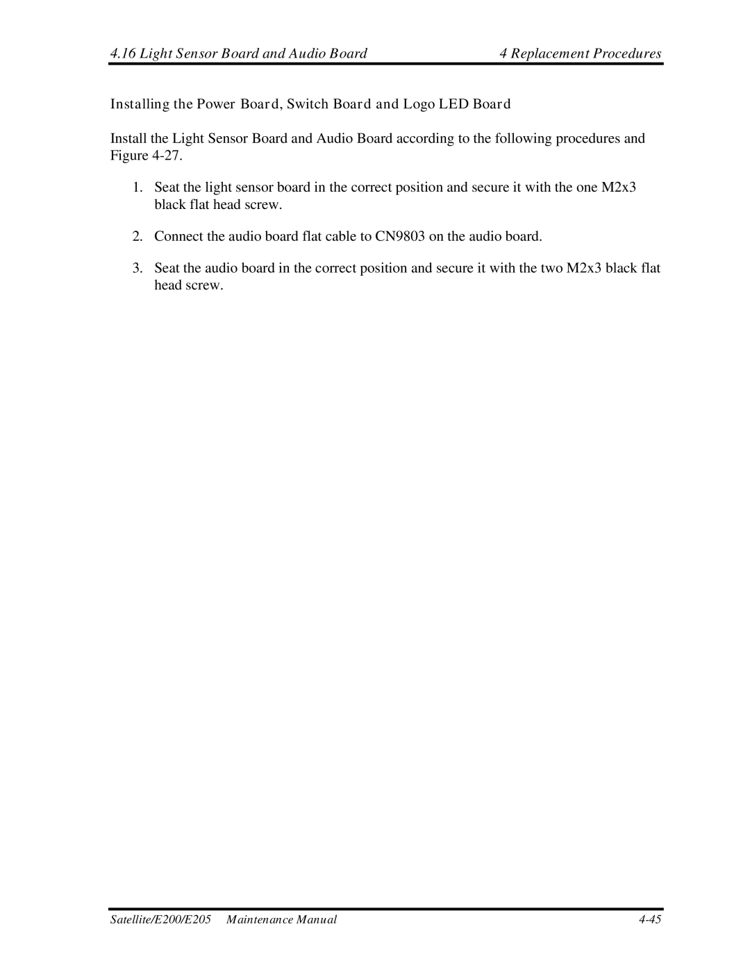 Toshiba E205 manual Light Sensor Board and Audio Board Replacement Procedures 