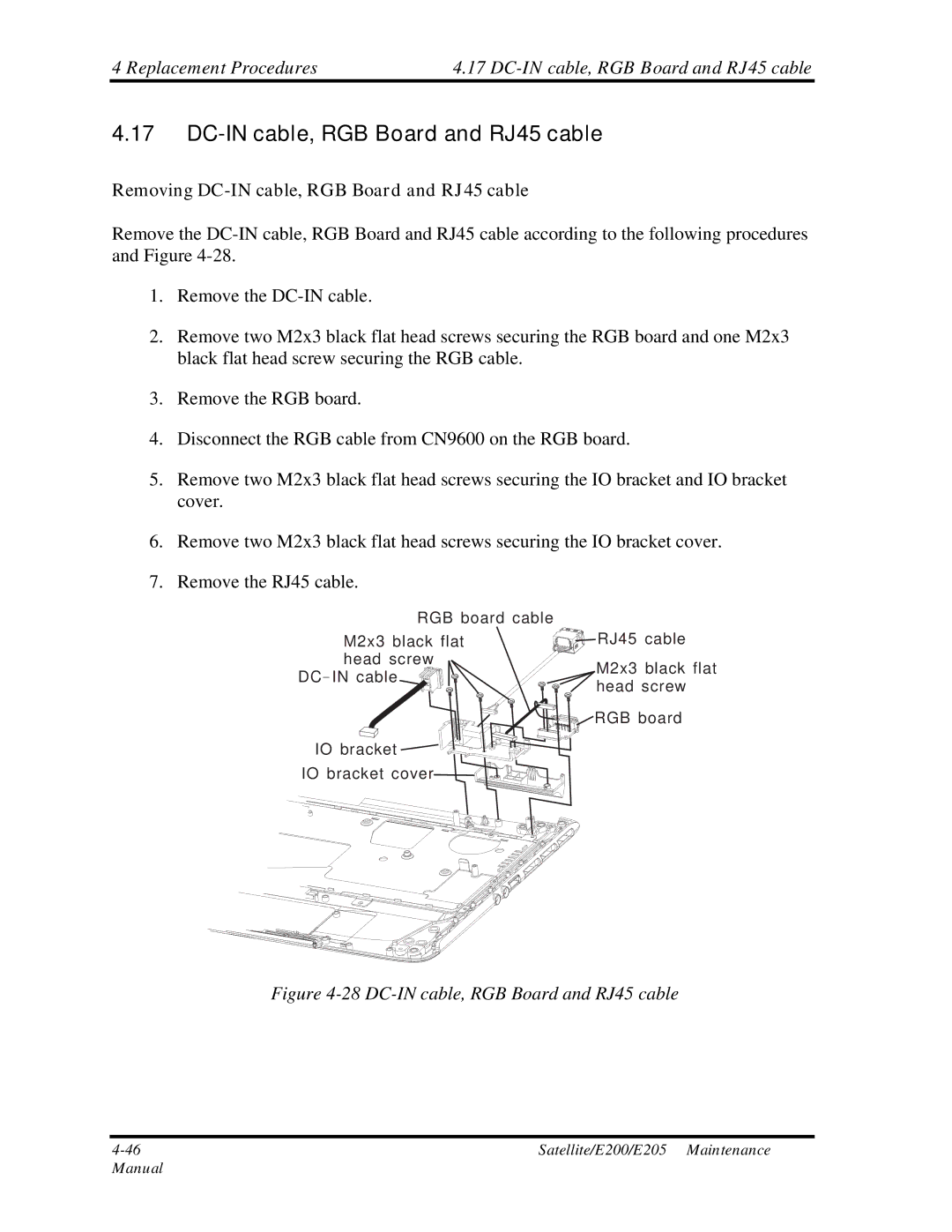 Toshiba E205 manual Removing DC-IN cable, RGB Board and RJ45 cable 