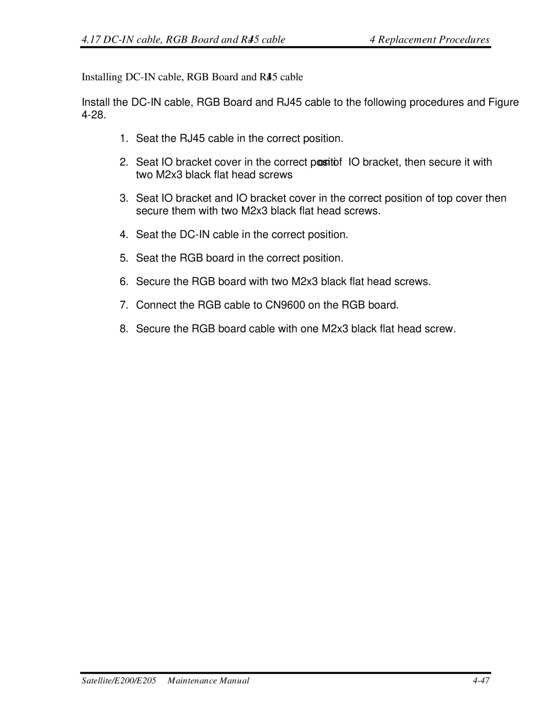 Toshiba E205 manual DC-IN cable, RGB Board and RJ45 cable Replacement Procedures 
