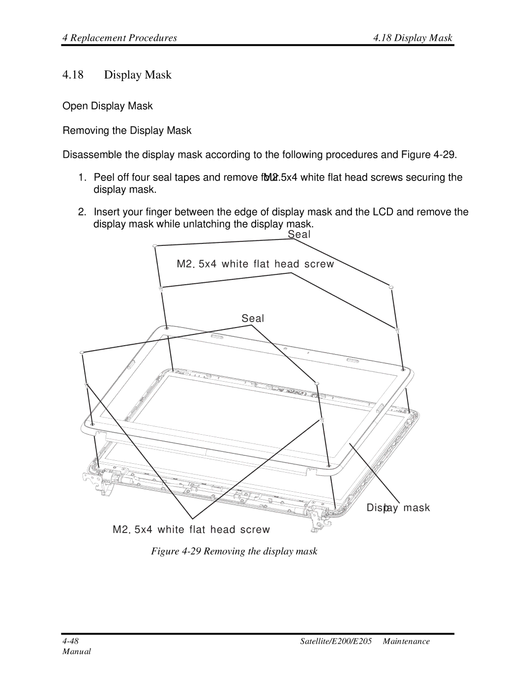 Toshiba E205 manual Replacement Procedures Display Mask, Open Display Mask Removing the Display Mask 