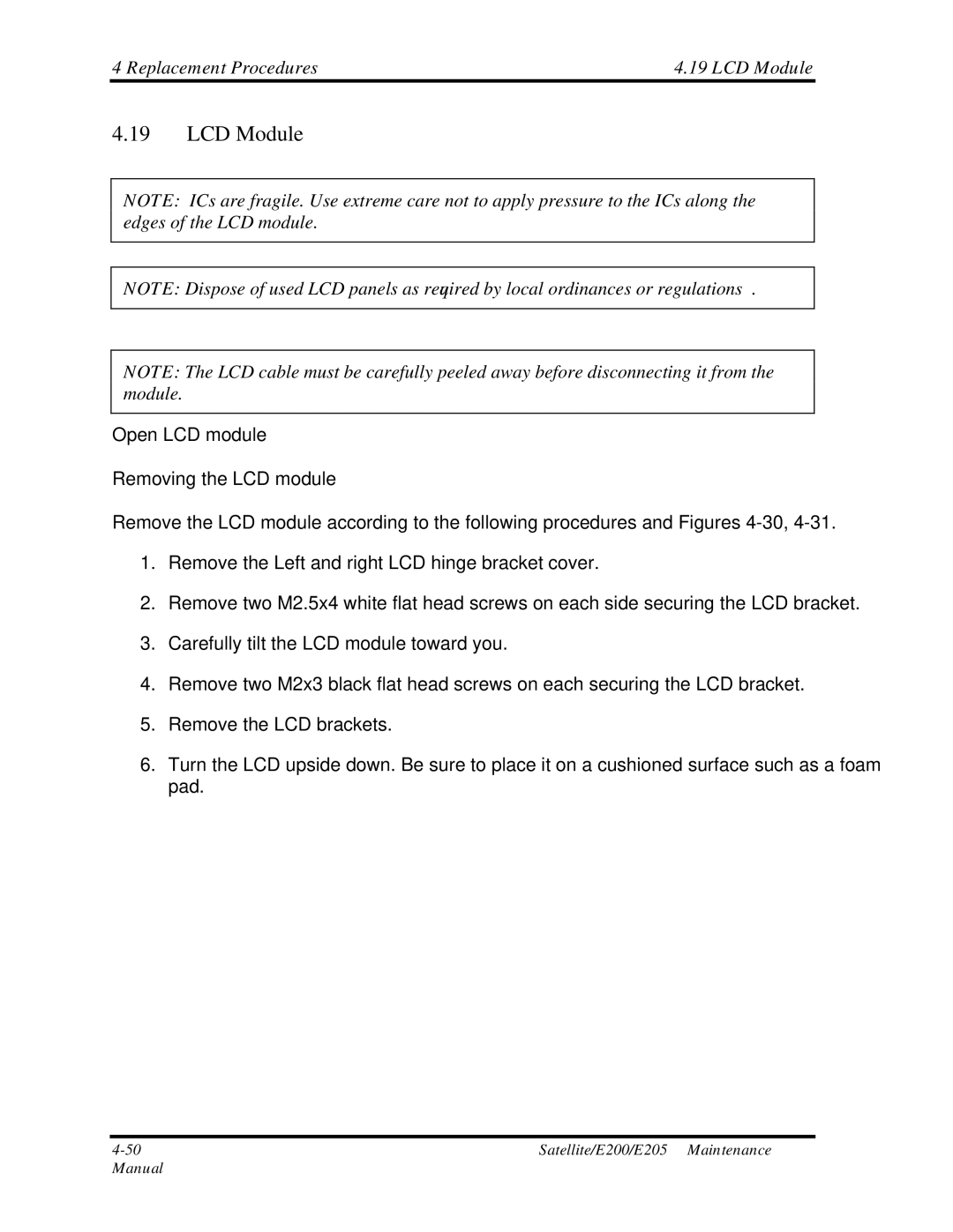 Toshiba E205 manual Replacement Procedures LCD Module, Open LCD module Removing the LCD module 