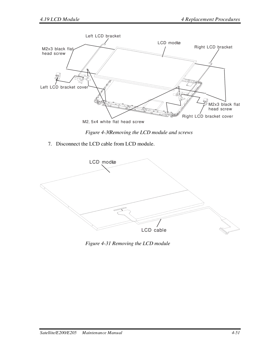 Toshiba E205 manual LCD Module Replacement Procedures, Removing the LCD module 