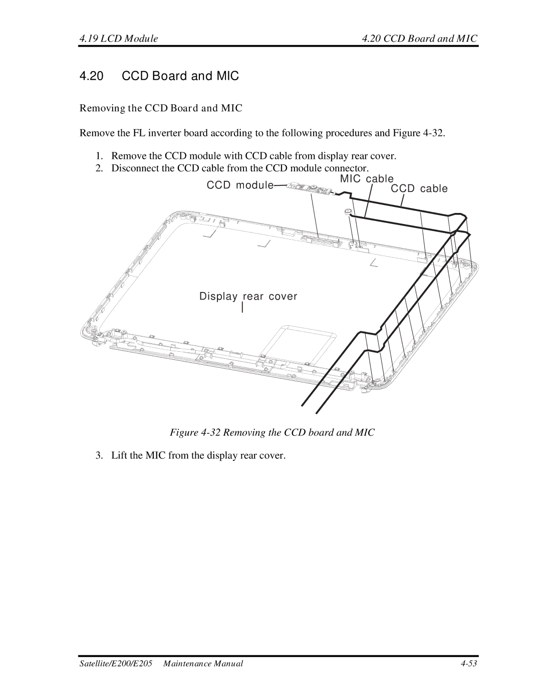 Toshiba E205 manual LCD Module CCD Board and MIC, Removing the CCD Board and MIC 