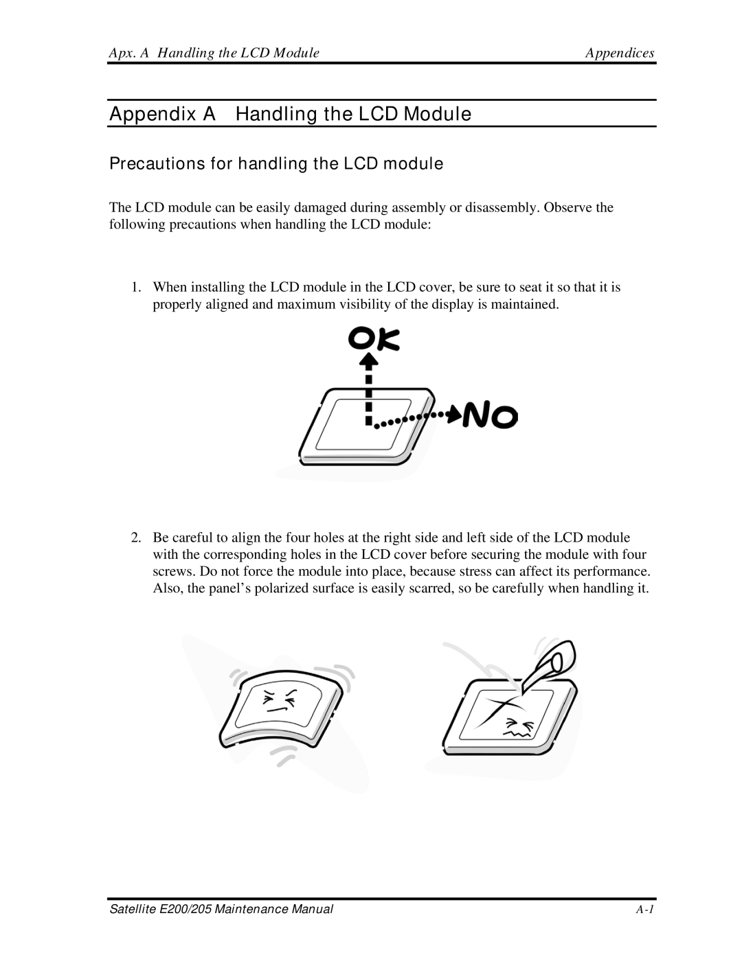 Toshiba E205 manual Precautions for handling the LCD module, Apx. a Handling the LCD Module Appendices 