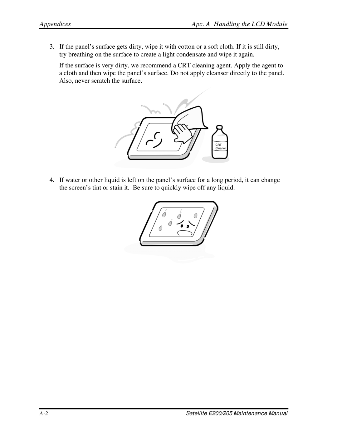 Toshiba E205 manual Appendices Apx. a Handling the LCD Module 