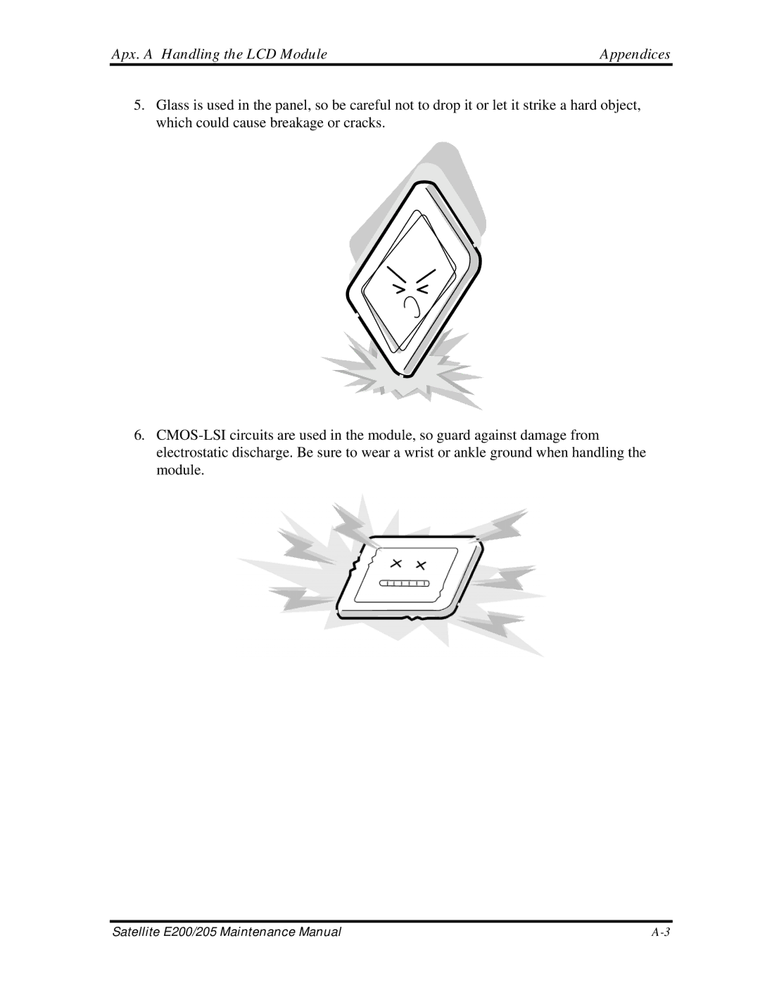 Toshiba E205 manual Apx. a Handling the LCD Module Appendices 