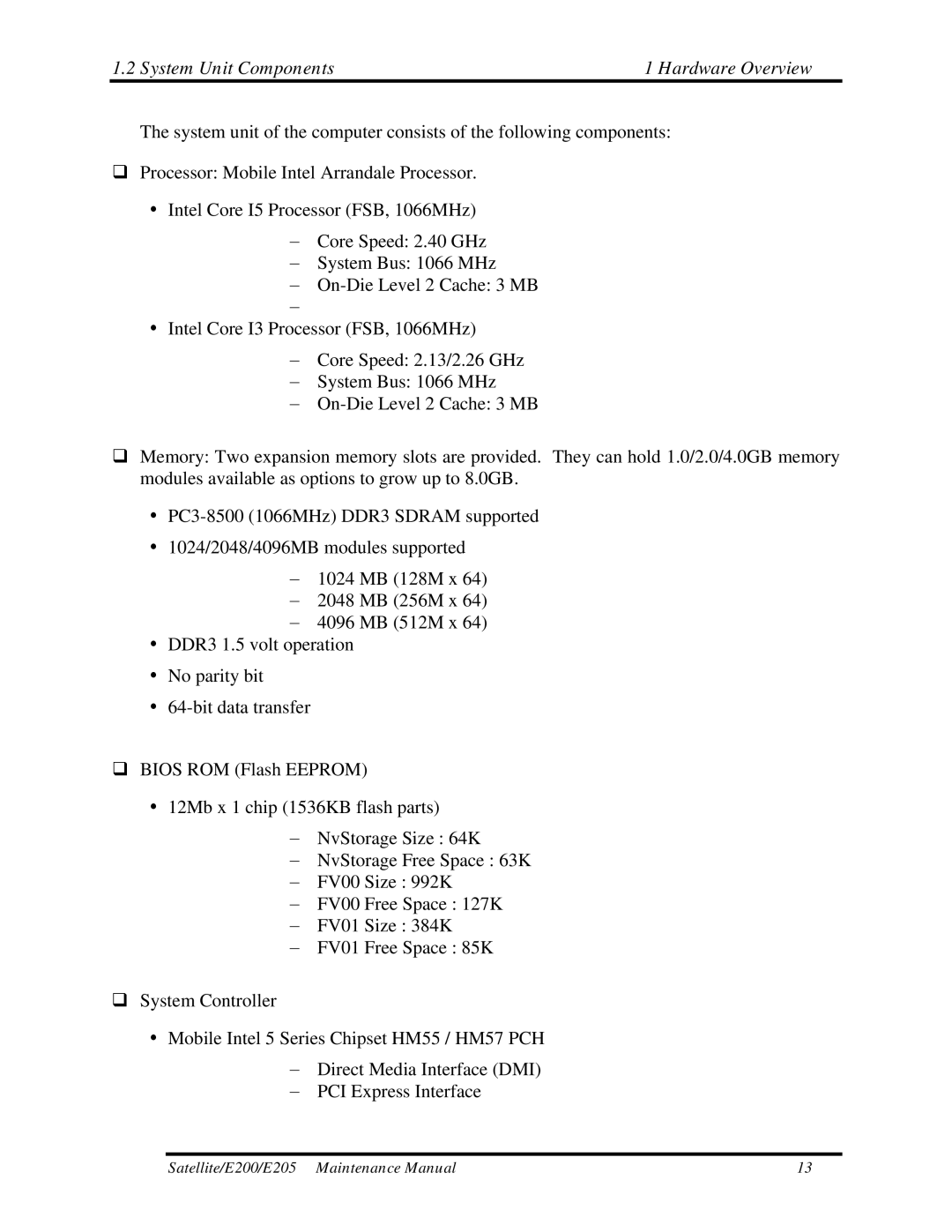 Toshiba E205 manual System Unit Components Hardware Overview 