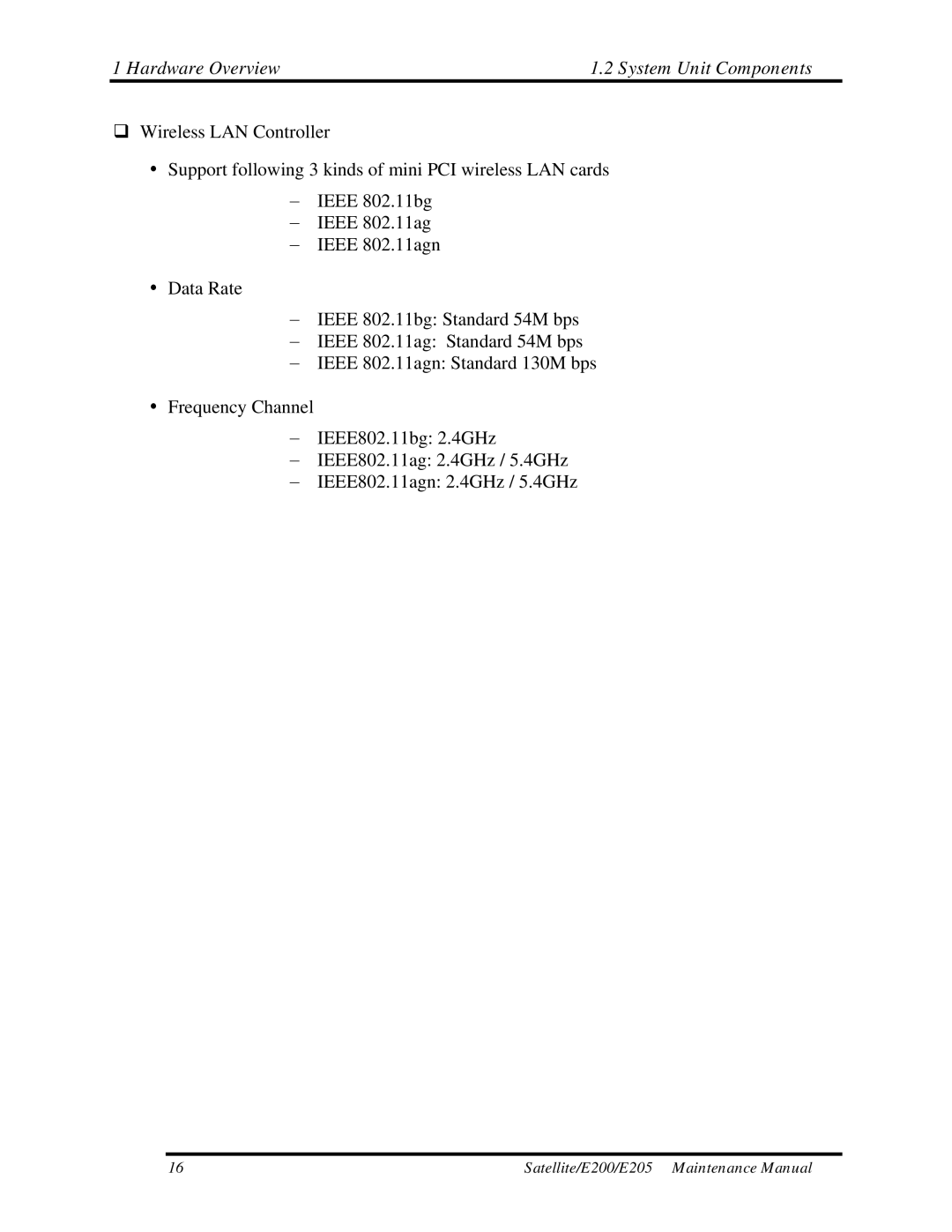 Toshiba E205 manual Hardware Overview System Unit Components 