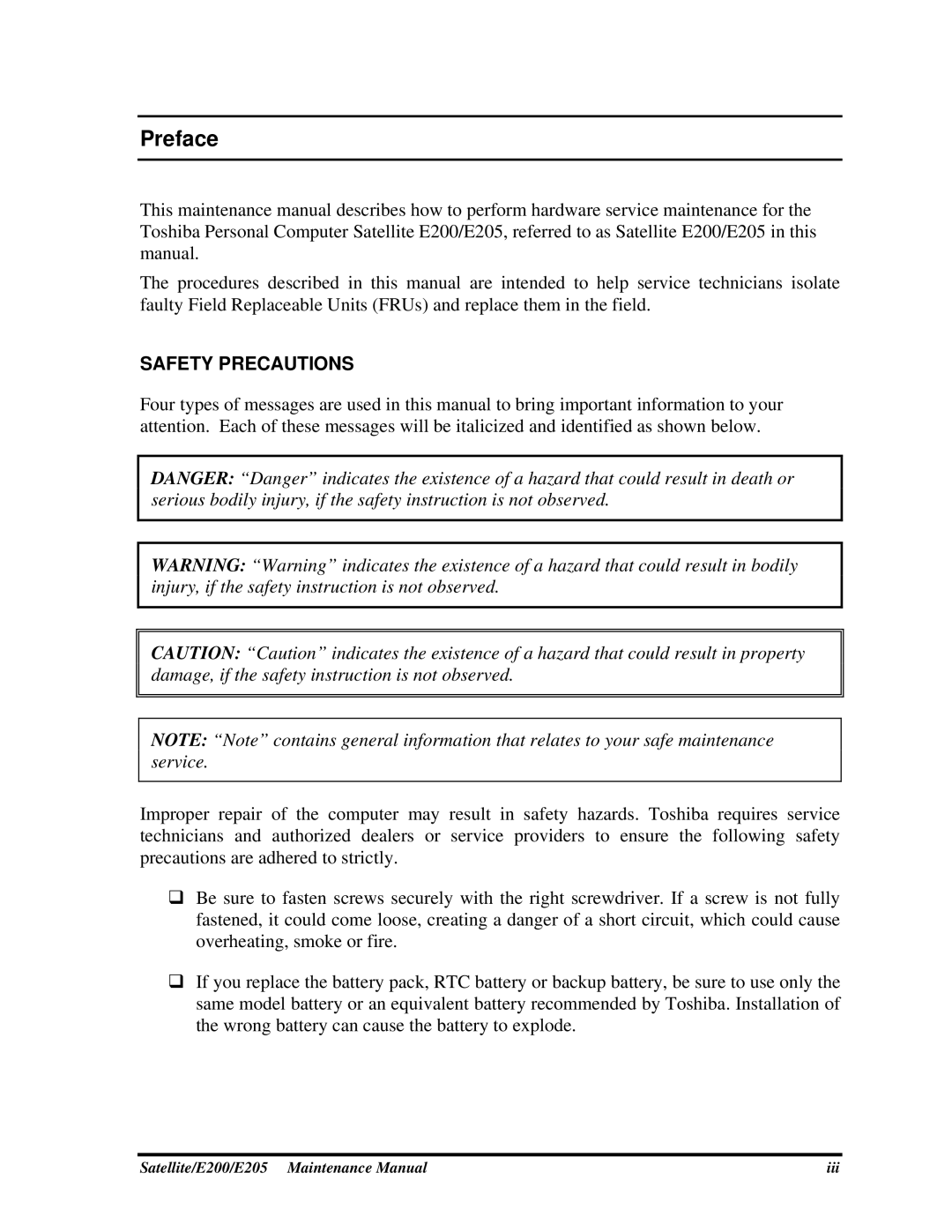 Toshiba E205 manual Preface, Safety Precautions 