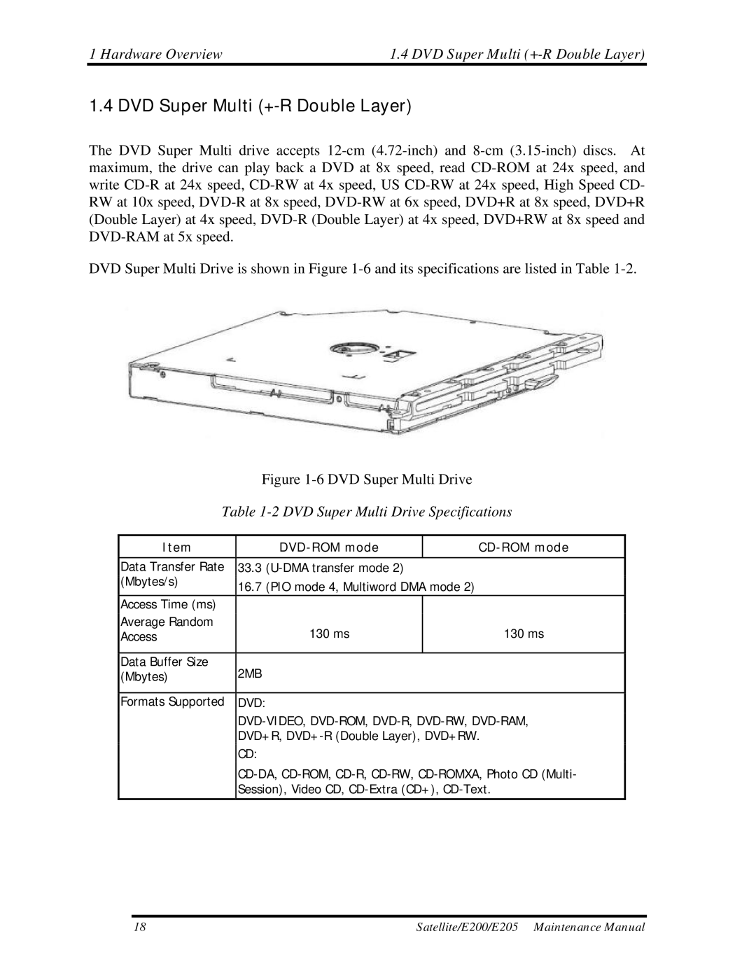 Toshiba E205 manual Hardware Overview DVD Super Multi +-R Double Layer 