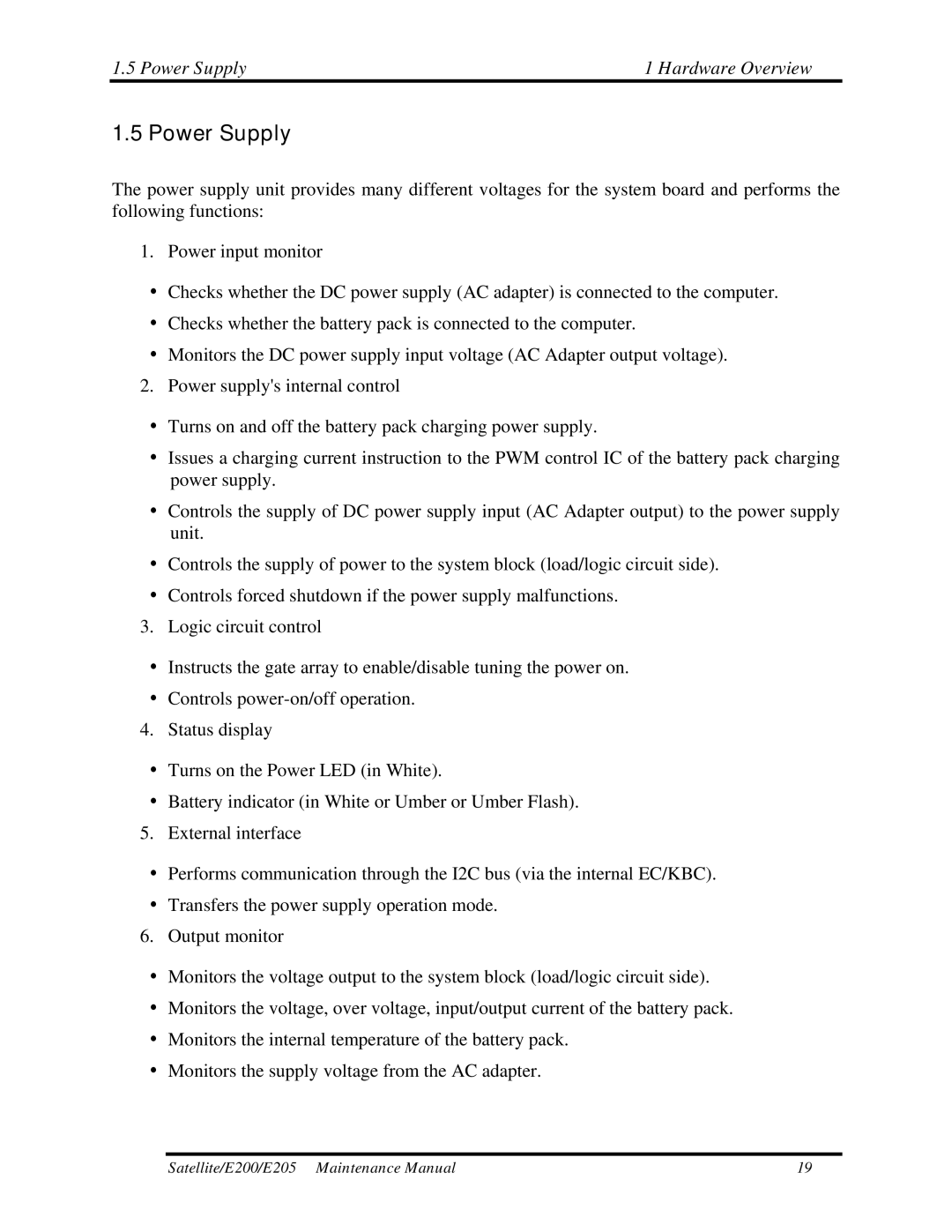 Toshiba E205 manual Power Supply Hardware Overview 