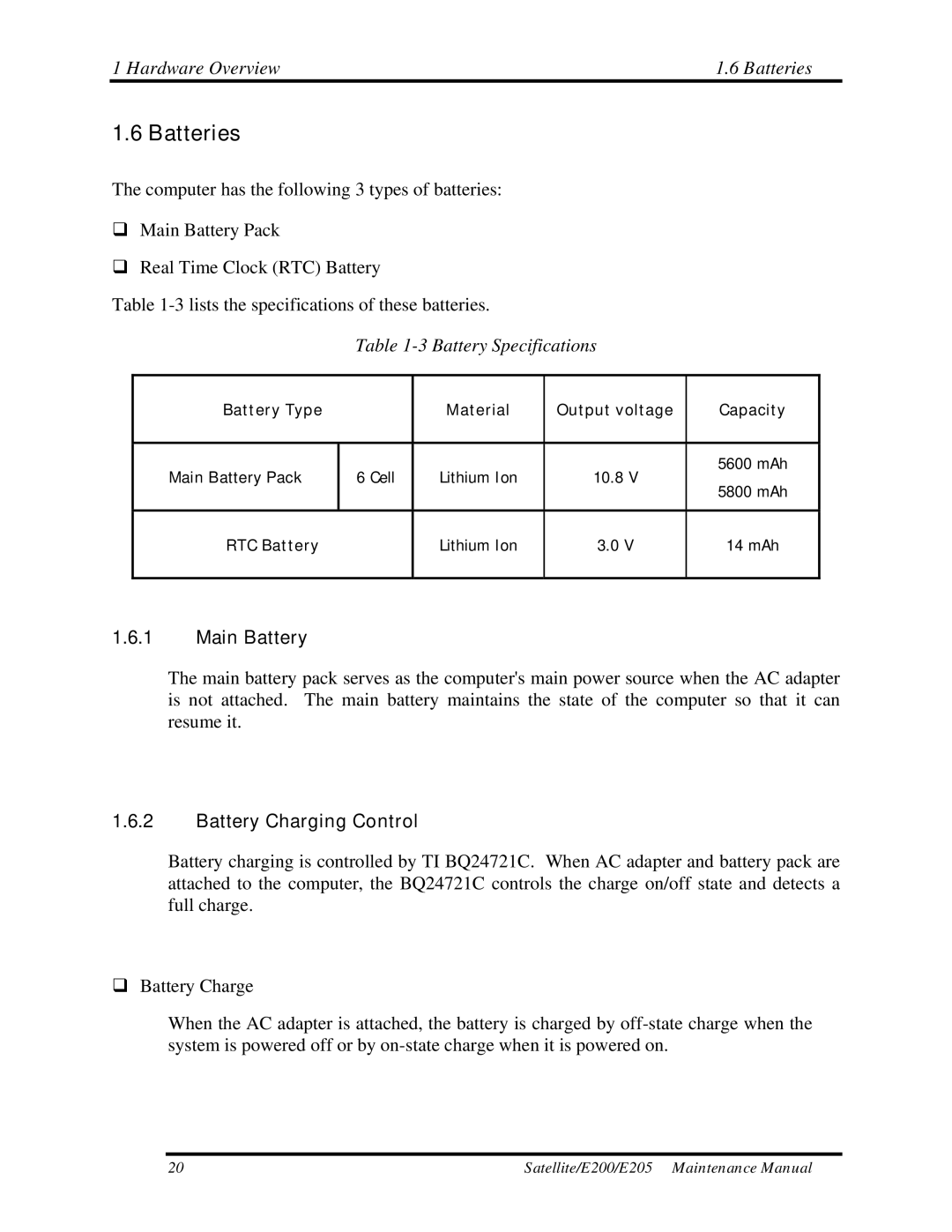 Toshiba E205 manual Hardware Overview Batteries, Main Battery, Battery Charging Control 