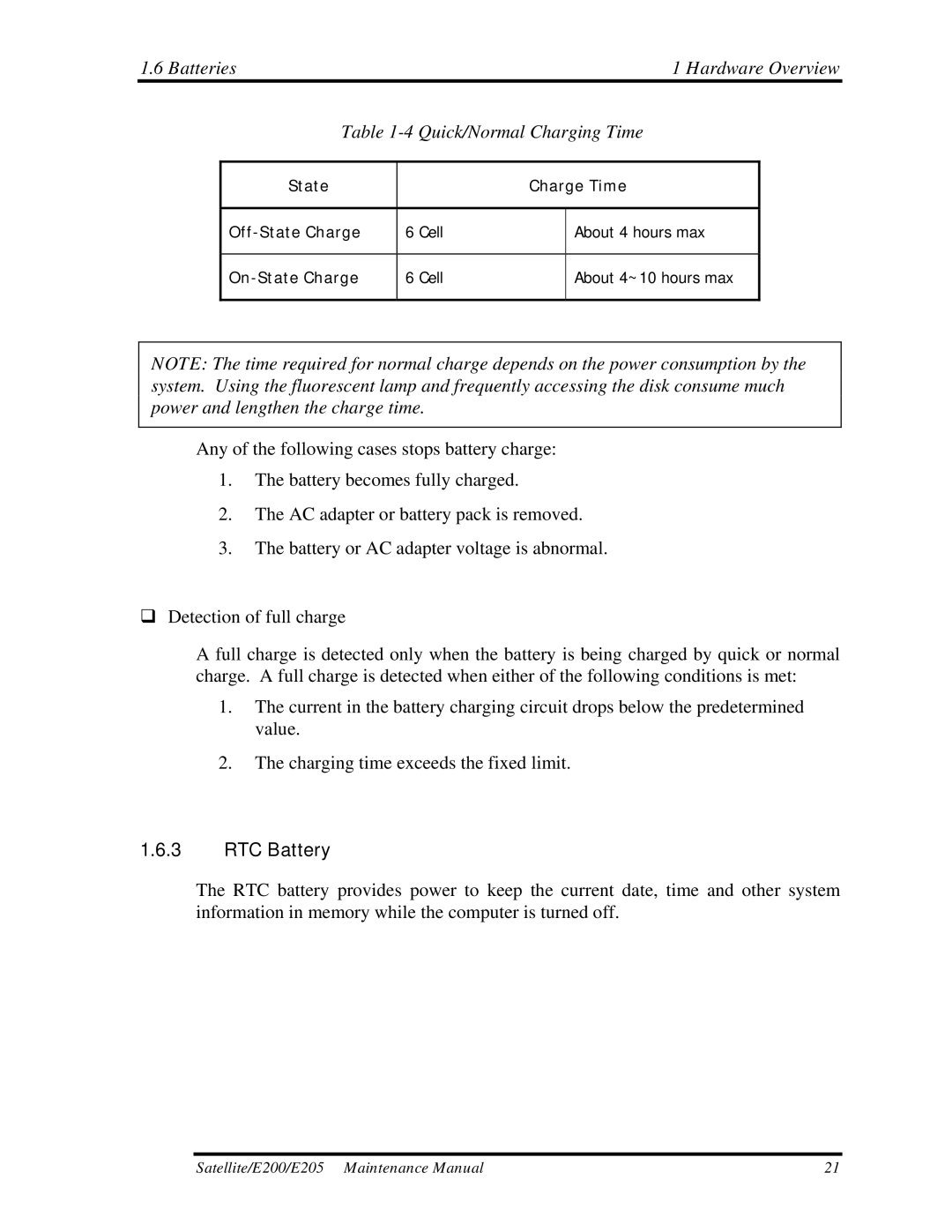 Toshiba E205 manual Batteries Hardware Overview Quick/Normal Charging Time, RTC Battery 