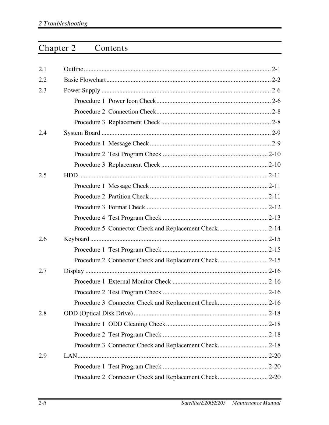 Toshiba E205 manual Chapter Contents 