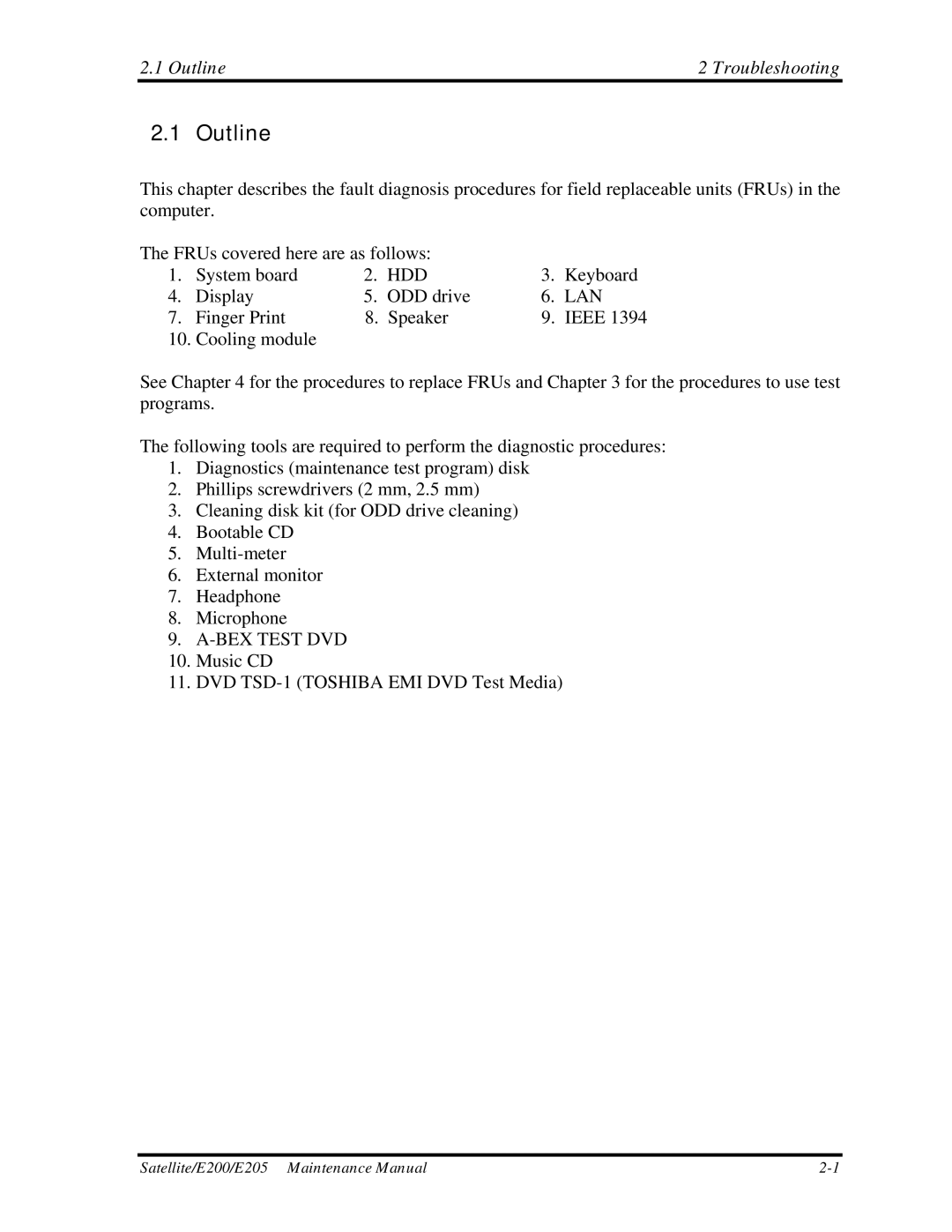 Toshiba E205 manual Outline Troubleshooting 