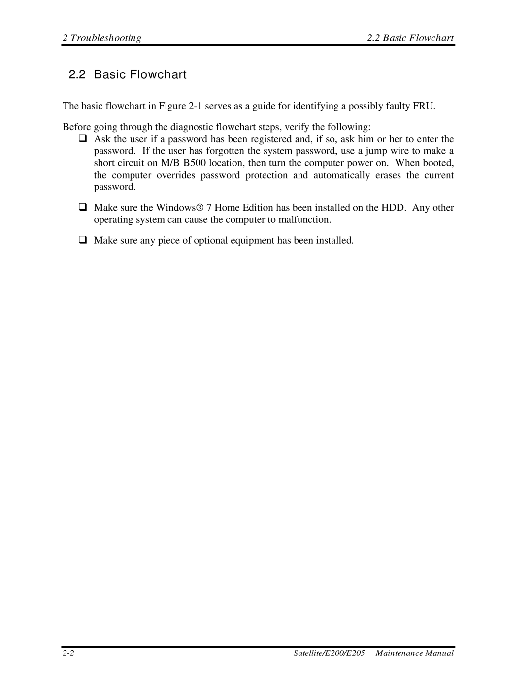 Toshiba E205 manual Troubleshooting Basic Flowchart 