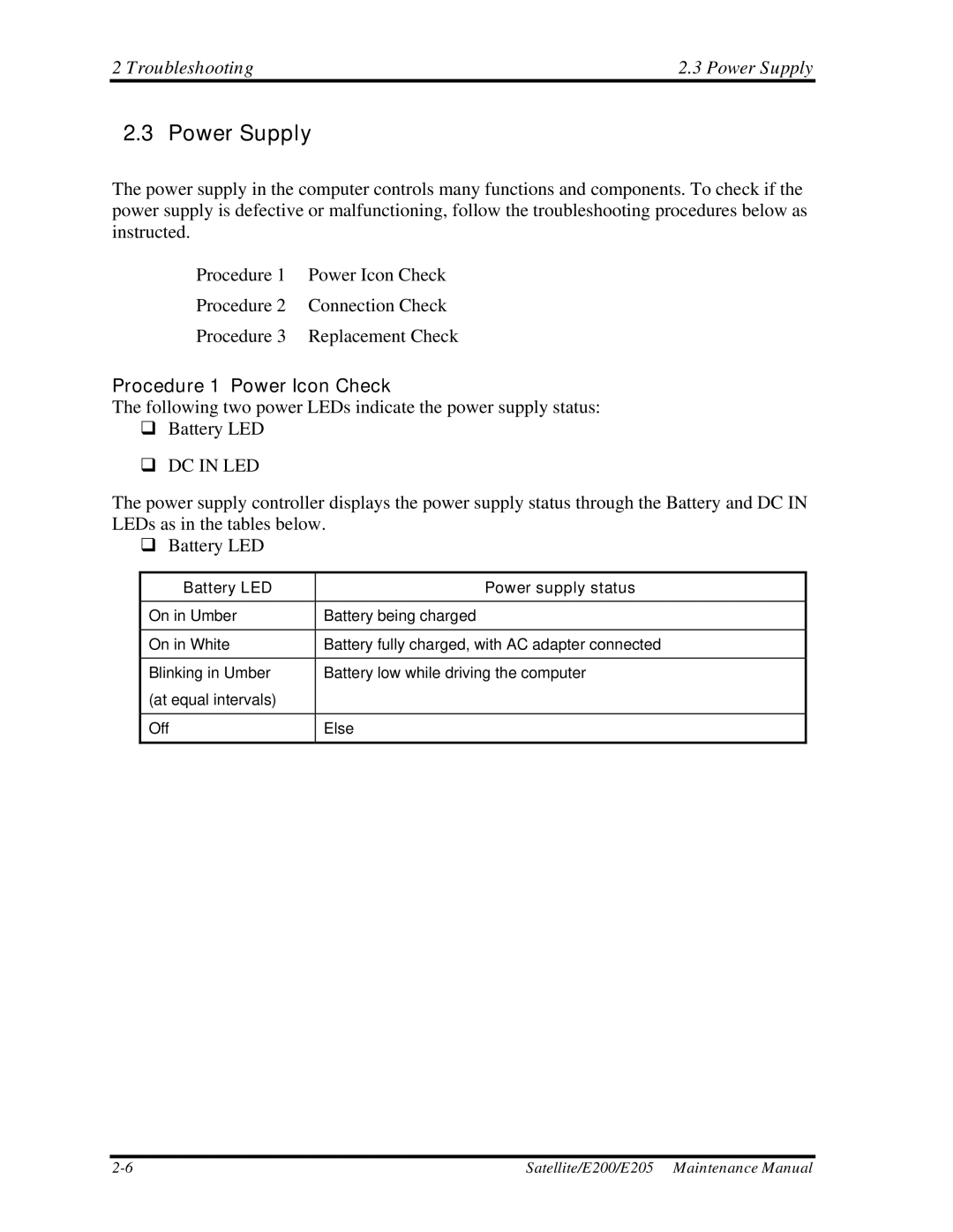 Toshiba E205 manual Troubleshooting Power Supply, Procedure 1 Power Icon Check 