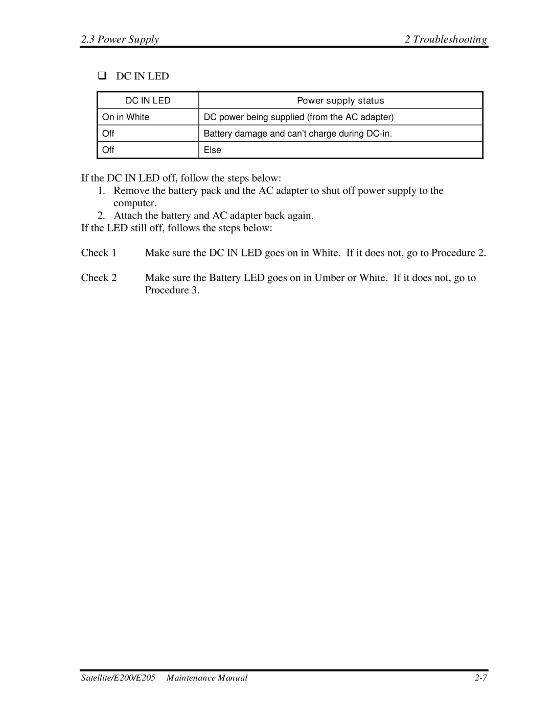 Toshiba E205 manual Power Supply Troubleshooting, DC in LED 