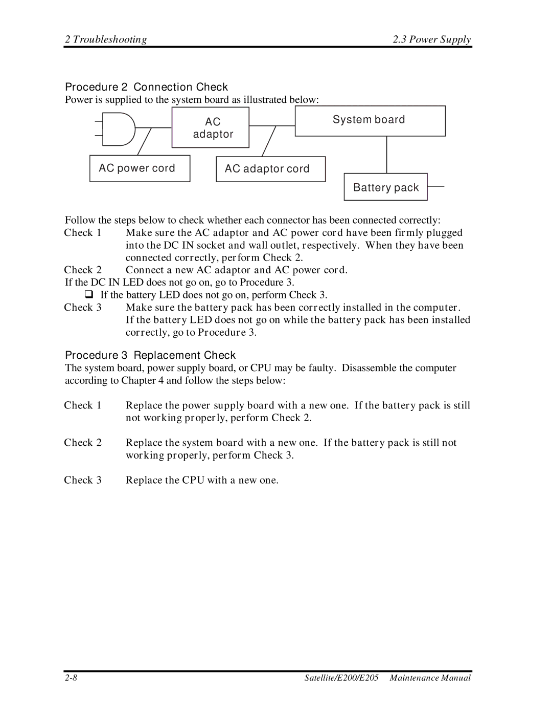 Toshiba E205 manual Procedure 2 Connection Check, Procedure 3 Replacement Check 