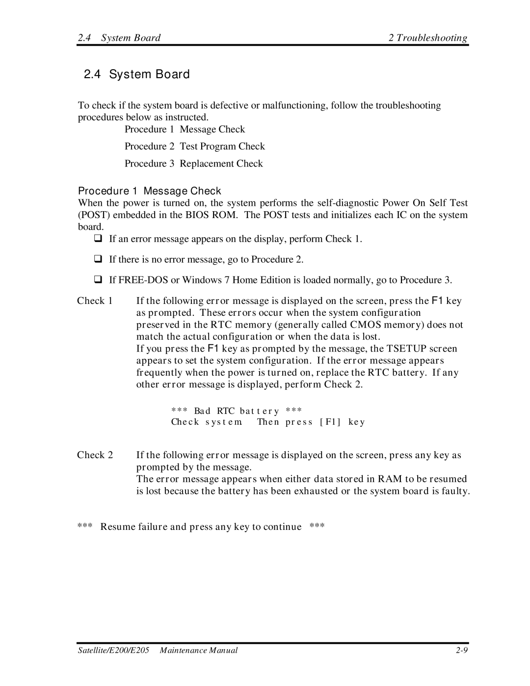 Toshiba E205 manual System Board Troubleshooting, Procedure 1 Message Check 