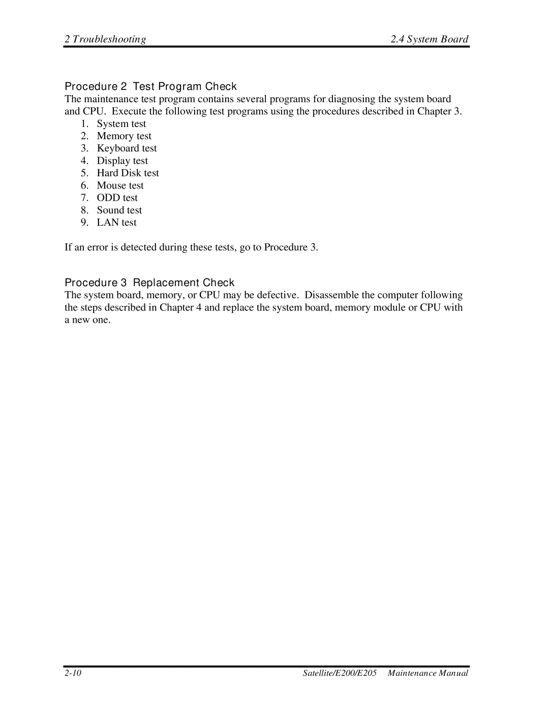 Toshiba E205 manual Troubleshooting System Board, Procedure 2 Test Program Check 