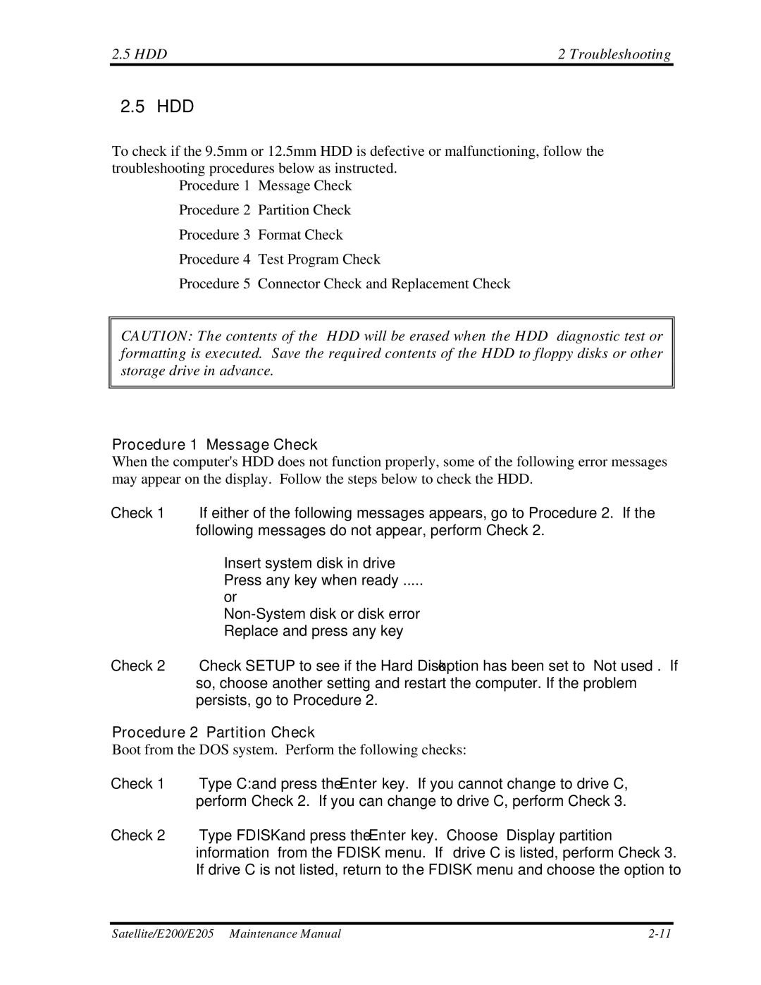 Toshiba E205 manual Hdd, HDD Troubleshooting, Procedure 2 Partition Check 