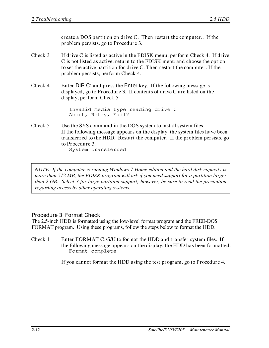 Toshiba E205 manual Troubleshooting HDD, Procedure 3 Format Check 