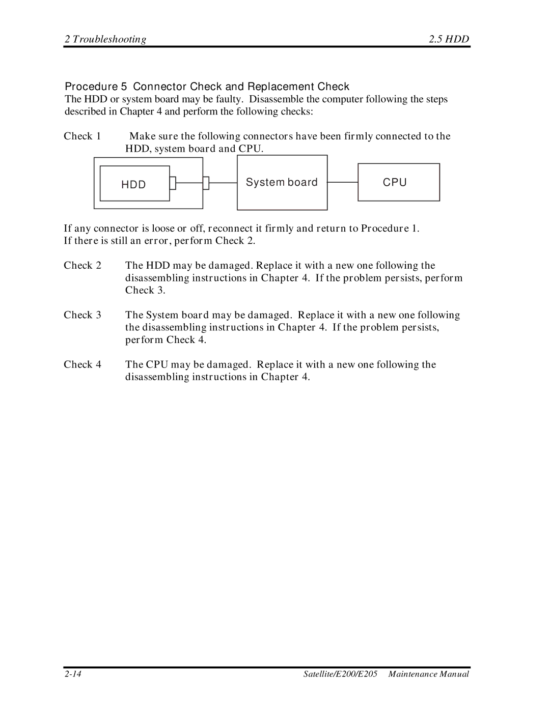 Toshiba E205 manual Procedure 5 Connector Check and Replacement Check 